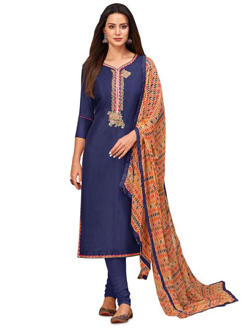 blue cotton blend unstitched suit - 17423102 - Very Small Image - 1