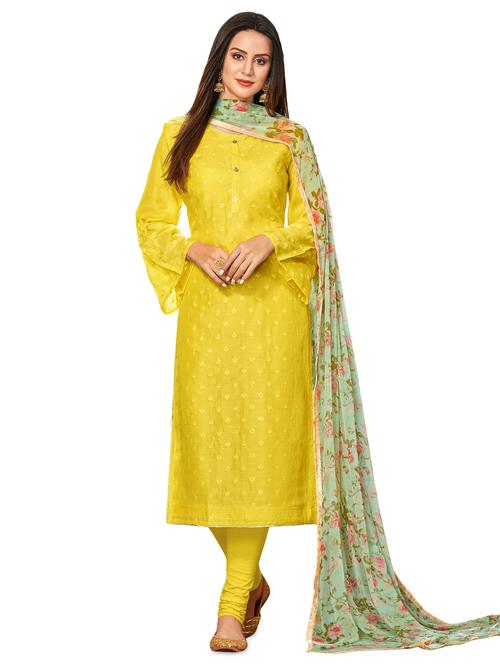 yellow cotton blend unstitched suit - 17423106 - Very Small Image - 1