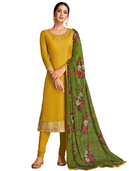 yellow cotton blend unstitched suit - 17423108 - Very Small Image - 1
