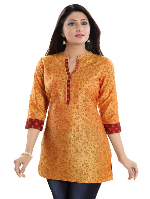 gold raw silk aline kurti - 17423148 - Very Small Image - 1