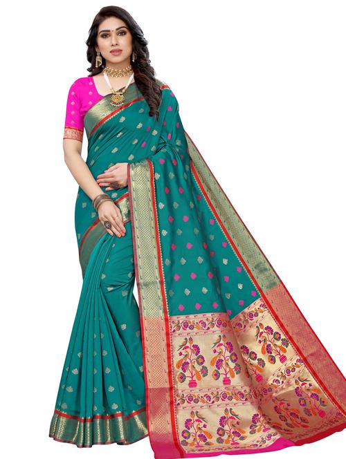 teal banarasi saree - 17424041 - Very Small Image - 1