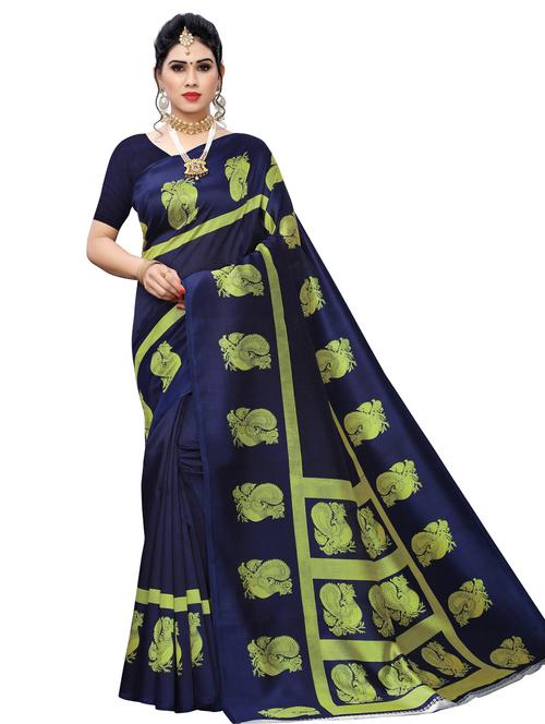 navy silk printed saree with blouse - 17424052 - Very Small Image - 1