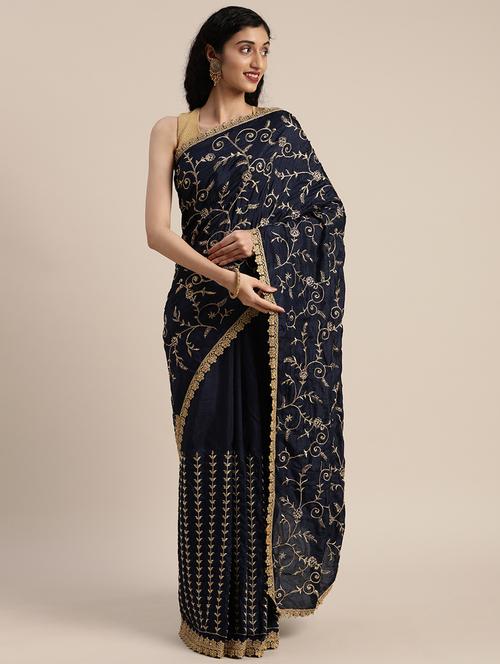 navy crepe embroidered saree - 17424254 - Very Small Image - 1