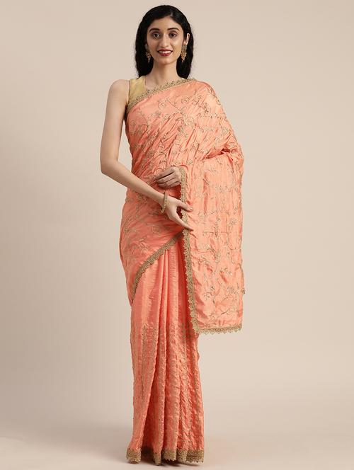 peach crepe embroidered saree with blouse - 17424255 - Very Small Image - 1