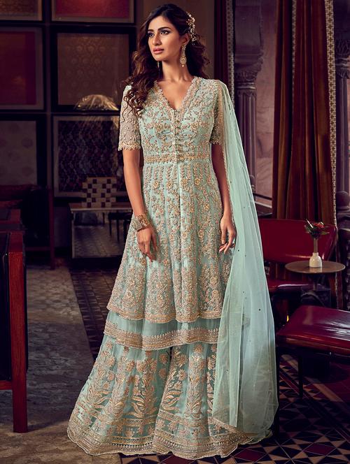 turquoise net semistitched suit - 17424898 - Very Small Image - 1