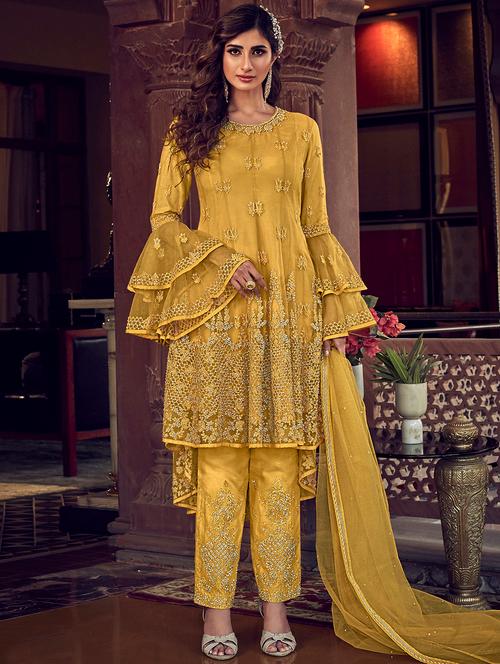 yellow net semistitched suit - 17424903 - Very Small Image - 1