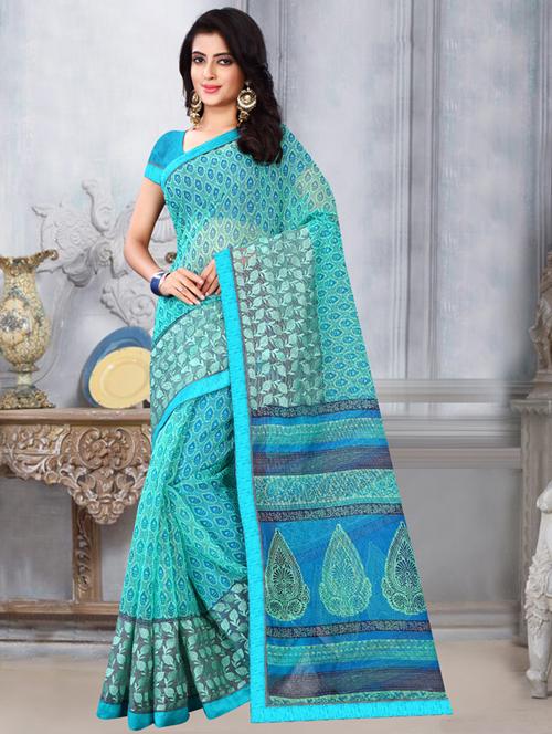 turquoise kota cotton printed saree with blouse - 17425050 - Very Small Image - 1