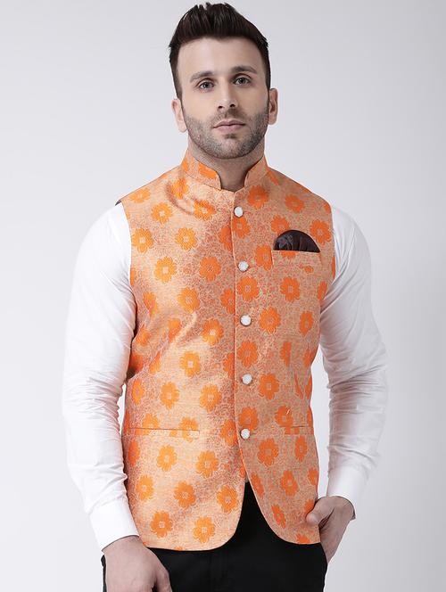 orange jacquard art silk nehru jacket - 17425444 - Very Small Image - 1