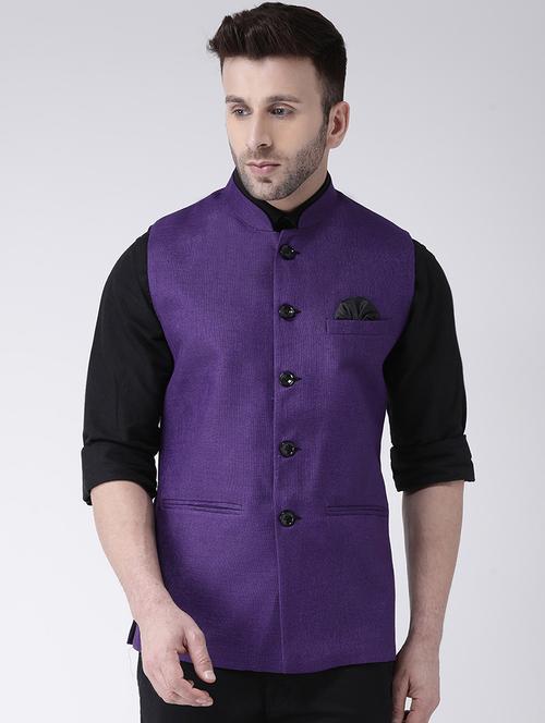 purple solid khaadi nehru jacket - 17425447 - Very Small Image - 1