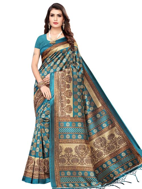 turquoise art silk printed saree with blouse - 17425663 - Very Small Image - 1