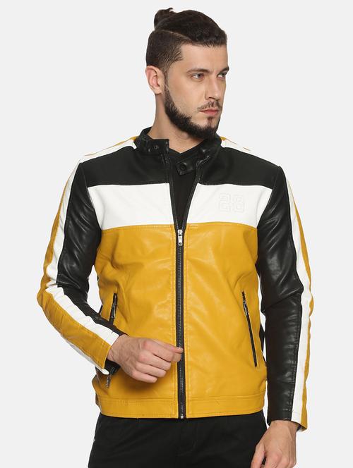 yellow color block pu biker jacket - 17427149 - Very Small Image - 1