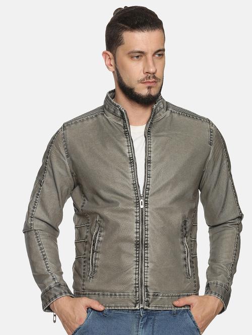 grey solid pu biker jacket - 17427172 - Very Small Image - 1