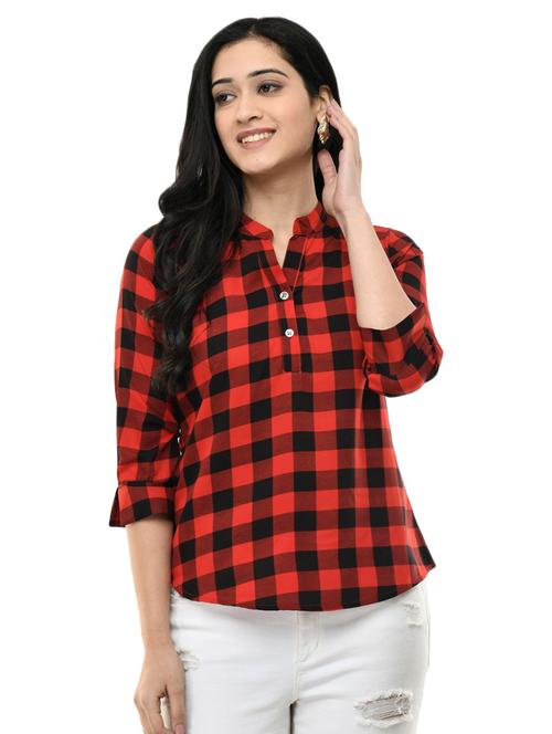 mandarin neck checkered top - 17428076 - Very Small Image - 1
