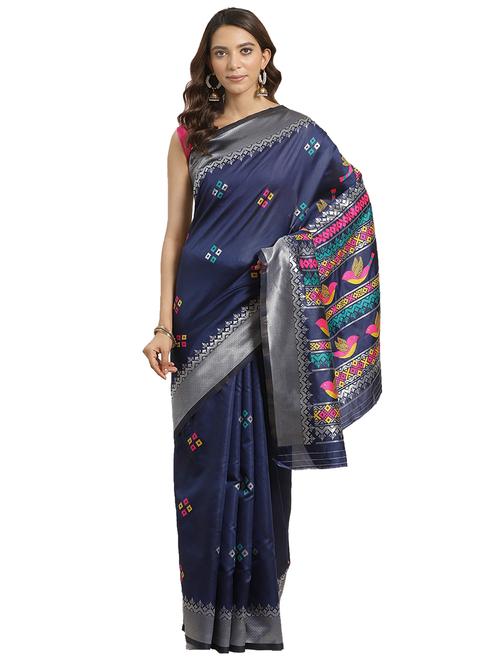 women's self design navy blue colored saree with blouse - 17428635 - Very Small Image - 1
