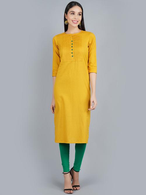 yellow cotton straight kurta - 17430712 - Very Small Image - 1