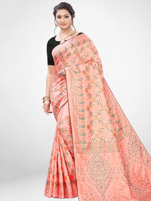 peach silk blend printed saree - 17433603 - Very Small Image - 1