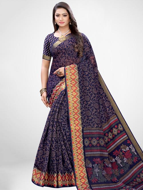 navy lycra printed saree with blouse - 17433616 - Very Small Image - 1