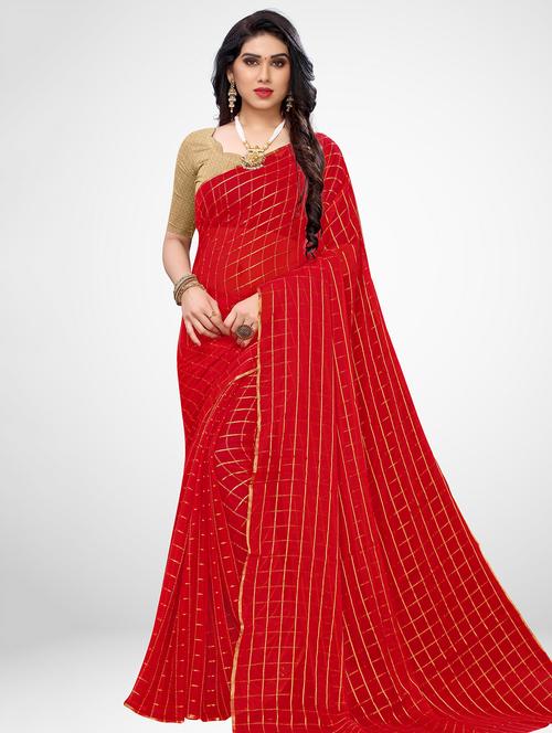 checkered plain saree with blouse - 17433633 - Very Small Image - 1