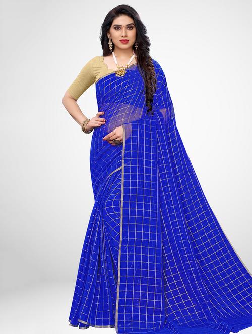 checkered plain saree with blouse - 17433639 - Very Small Image - 1
