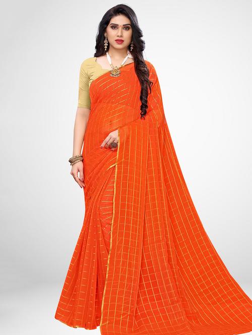 checkered plain saree with blouse - 17433640 - Very Small Image - 1