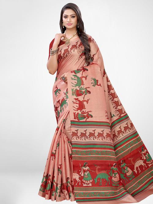 peach cotton silk printed saree with blouse - 17433720 - Very Small Image - 1