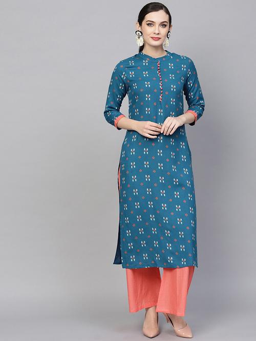 teal viscose straight kurta - 17433973 - Very Small Image - 1