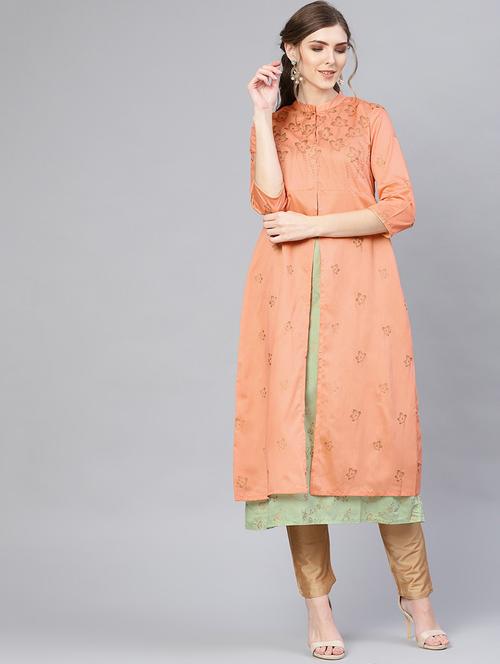 peach silk aline kurta - 17433986 - Very Small Image - 1