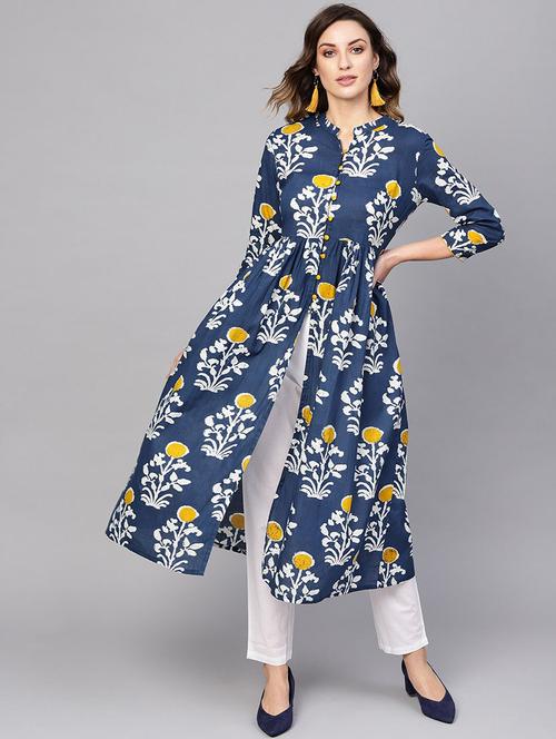 navy cotton aline kurta - 17433990 - Very Small Image - 1