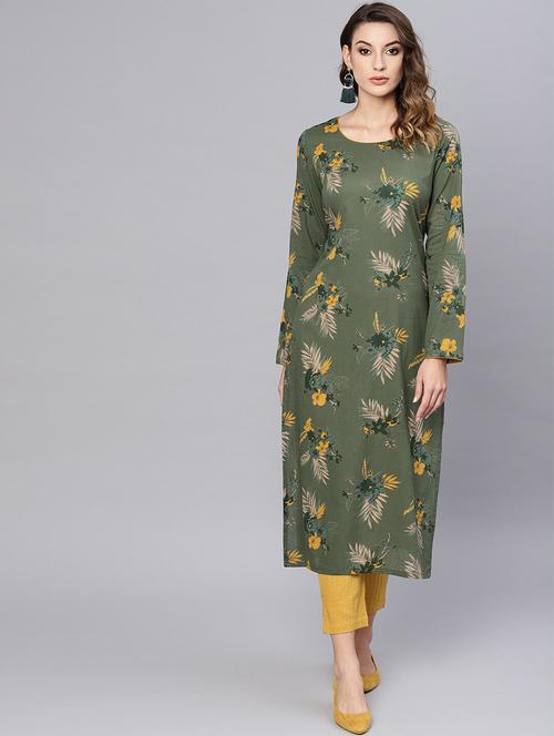 olive cotton straight kurta - 17433998 - Very Small Image - 1