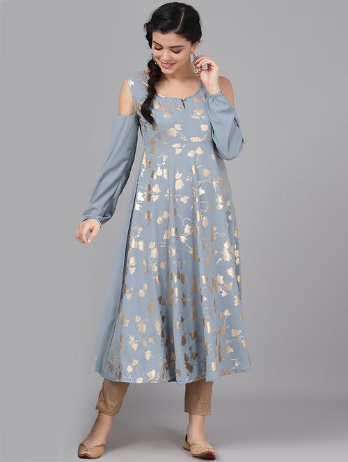 cold shoulder foil print flared kurta - 17434106 - Very Small Image - 1