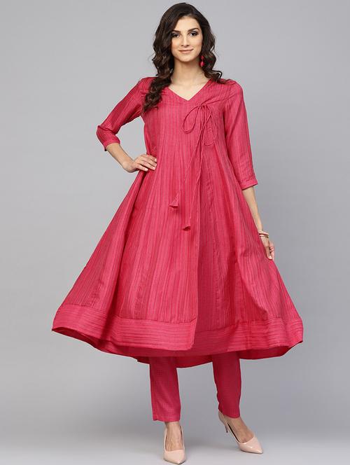 pink raw silk aline kurta - 17434234 - Very Small Image - 1