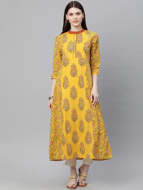 mustard cotton aline kurta - 17434242 - Very Small Image - 1