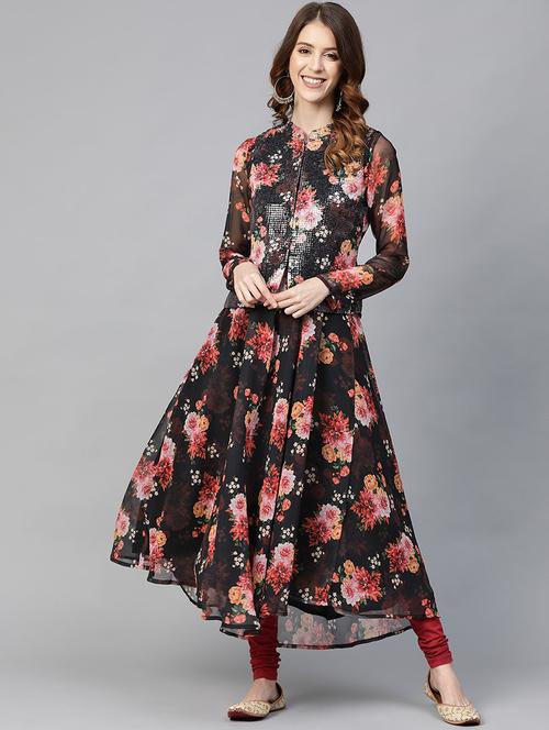 floral print kurta with sequined jacket - 17434252 - Very Small Image - 1