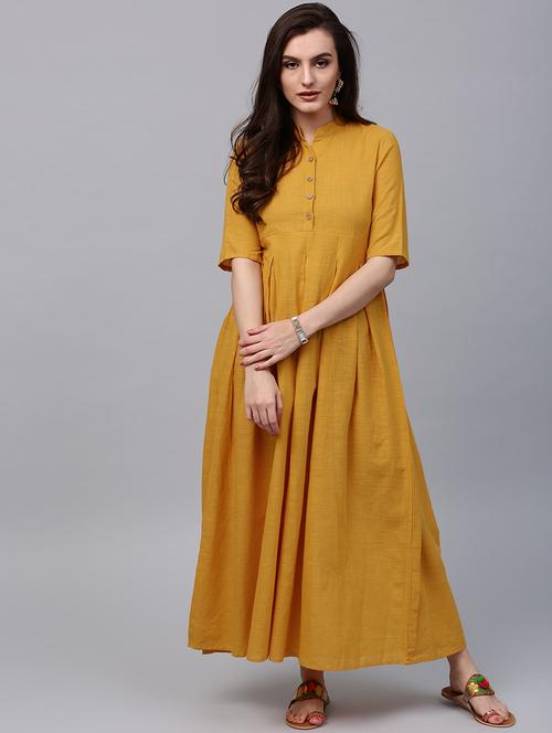yellow cotton flared ethnic dress - 17434433 - Very Small Image - 1