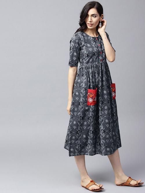 abstract print flared ethnic dress - 17434446 - Very Small Image - 1