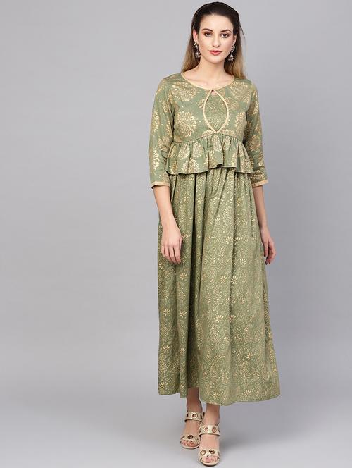 olive viscose flared ethnic dress - 17434497 - Very Small Image - 1