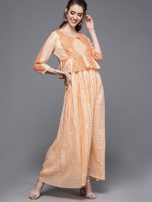 orange linen aline ethnic dress - 17434579 - Very Small Image - 1