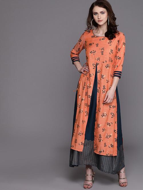 orange viscose aline ethnic dress - 17434592 - Very Small Image - 1