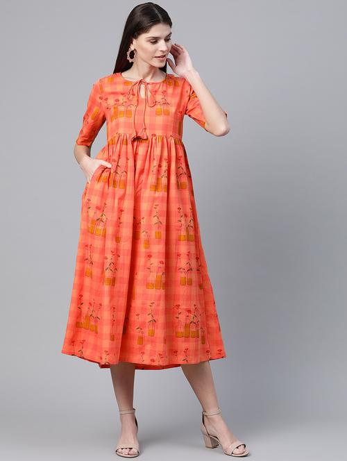 tie up neck checkered flared dress - 17434615 - Very Small Image - 1