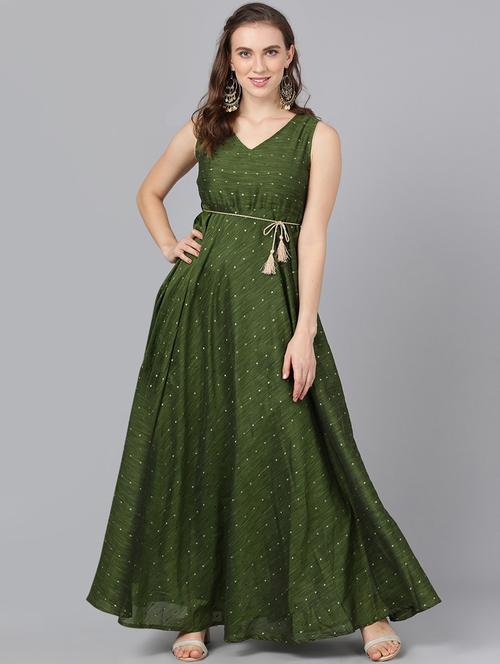 foil print flared ethnic dress - 17434636 - Very Small Image - 1
