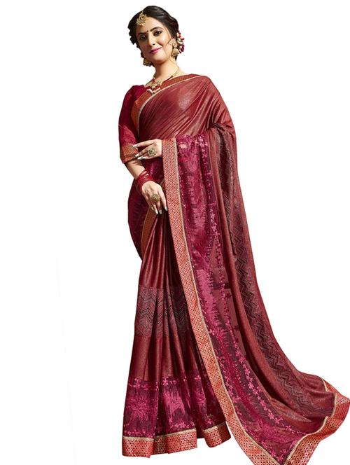 maroon lycra embroidered saree with blouse - 17435048 - Very Small Image - 1
