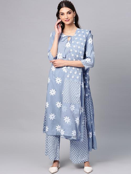 blue cotton kurta palazzo set - 17435271 - Very Small Image - 1