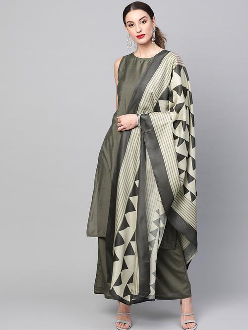 olive synthetic kurta palazzo set - 17435587 - Very Small Image - 1