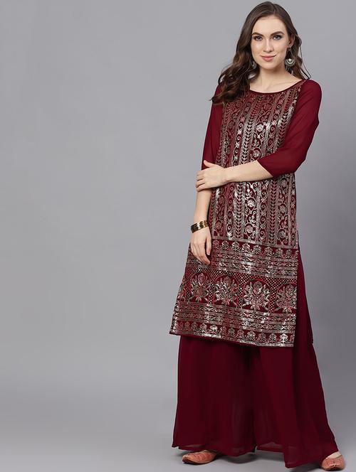 burgundy kurta palazzo set - 17435634 - Very Small Image - 1