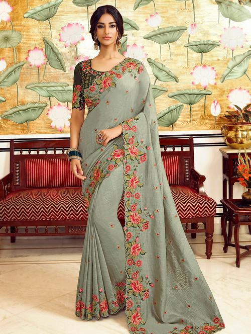 floral embroidered saree with blouse - 17436180 - Very Small Image - 1