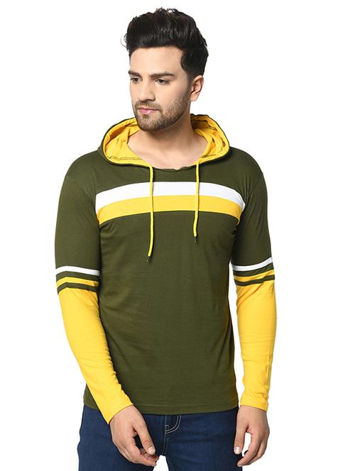 olive green color block cut & sew hooded t-shirt - 17436896 - Very Small Image - 1
