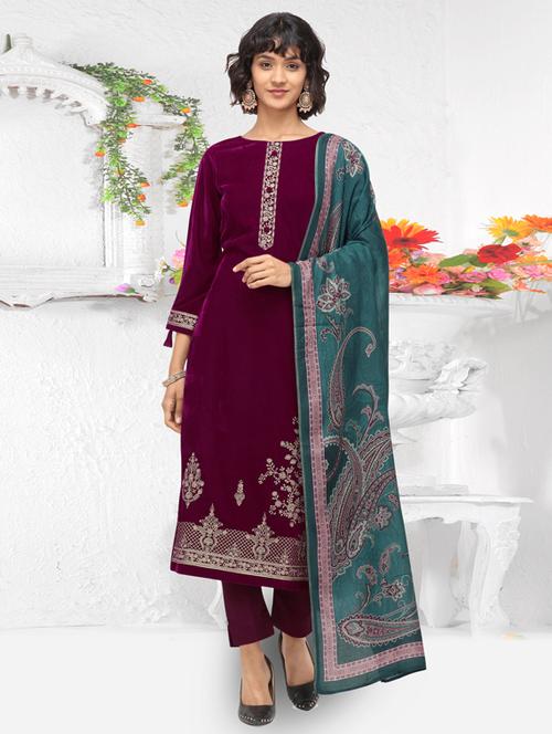 embroidered unstitched straight pant suit - 17437210 - Very Small Image - 1