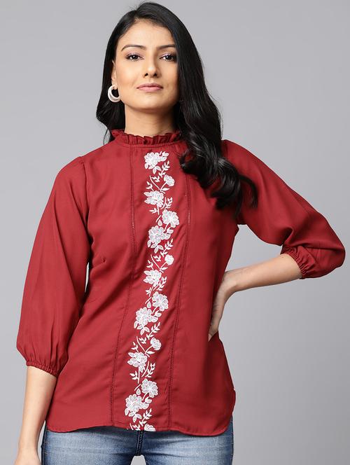 frilled neck embroidered top - 17438251 - Very Small Image - 1