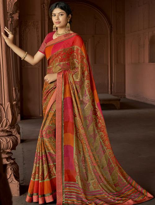lace bordered printed saree with blouse - 17439744 - Very Small Image - 1