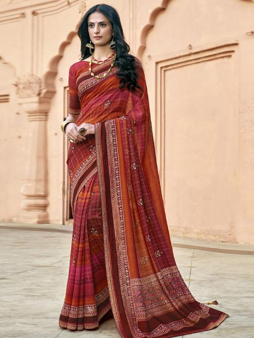 lace detail checkered saree with blouse - 17439768 - Very Small Image - 1